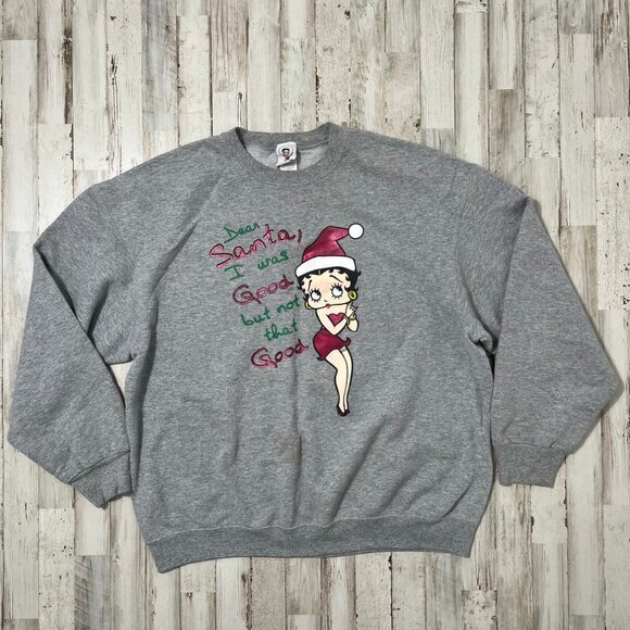 Vintage Y2k Betty Boop Santa Christmas Gray Crewneck‎ Sweater Sweatshirt XL - Picture 2 of 6